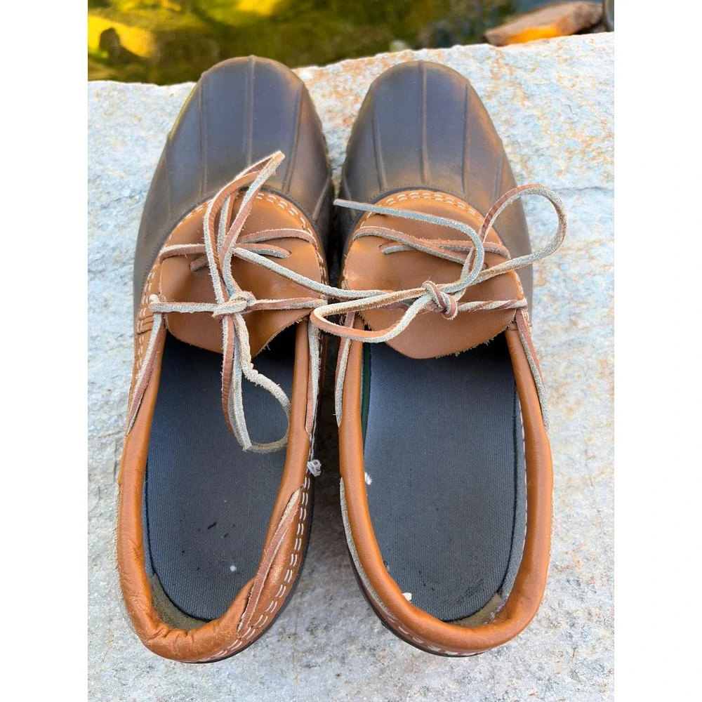 LL Bean Boots Mens 11 Rubber Moc Brown Navy Waterproof Rain Shoes Maine Made